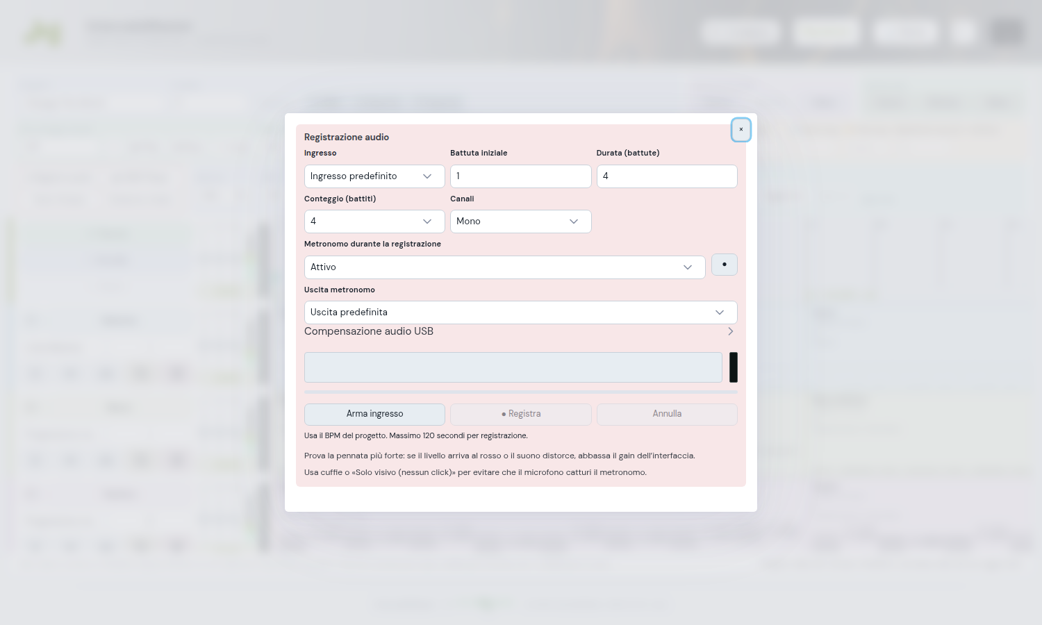 Popup di registrazione audio