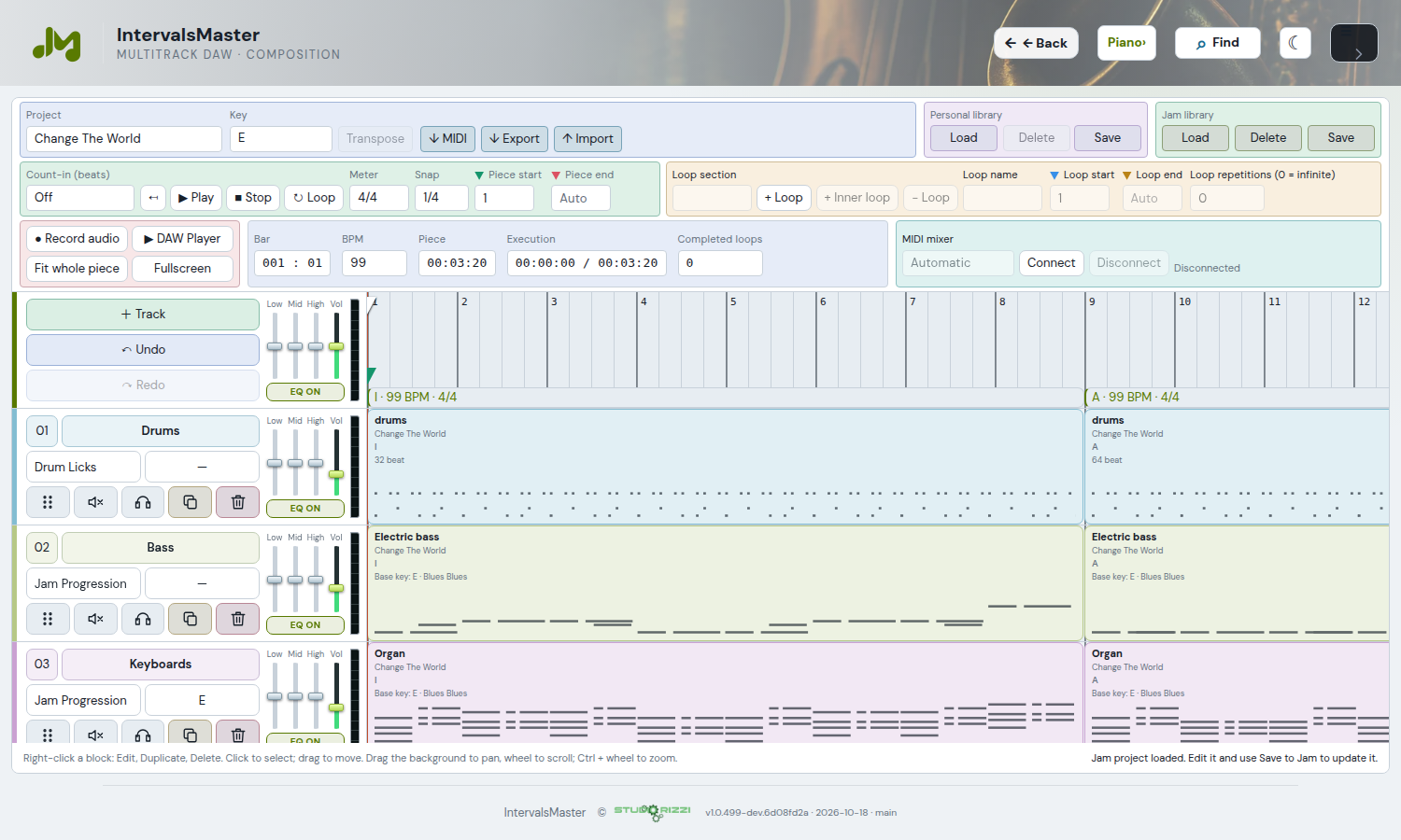 The Primo Test DAW project: every rectangle is a reusable, editable part. Custom track and section names retain the original project’s wording.