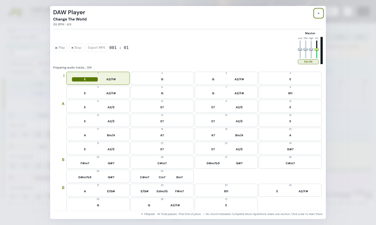 The Player displays the project’s chords and form, with Play, Stop and MP4 export.