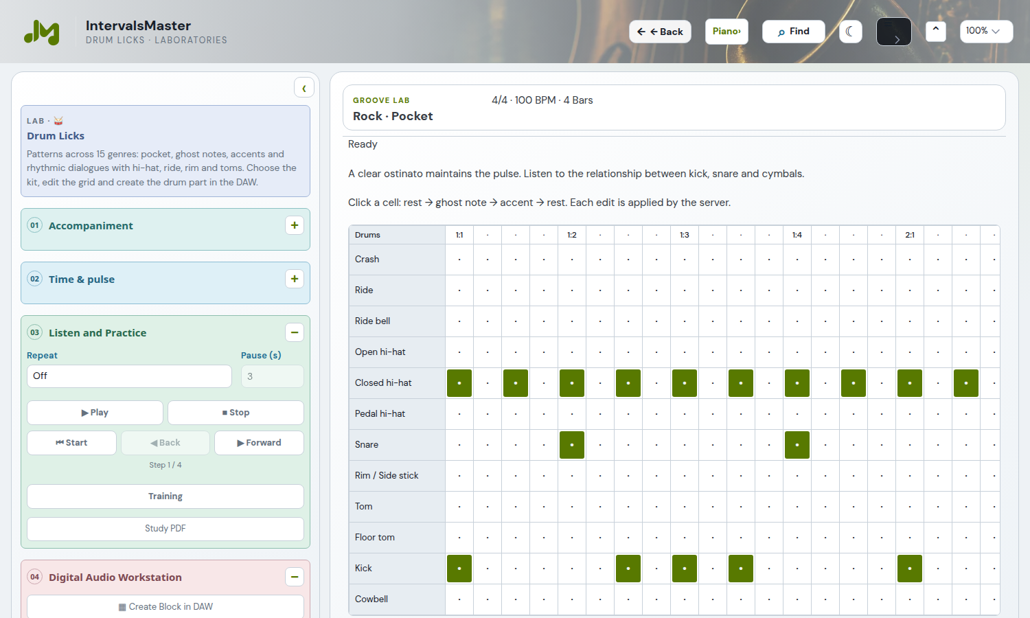 Drum controls and grid. Cell intensity describes the hits; the server generates the sound.