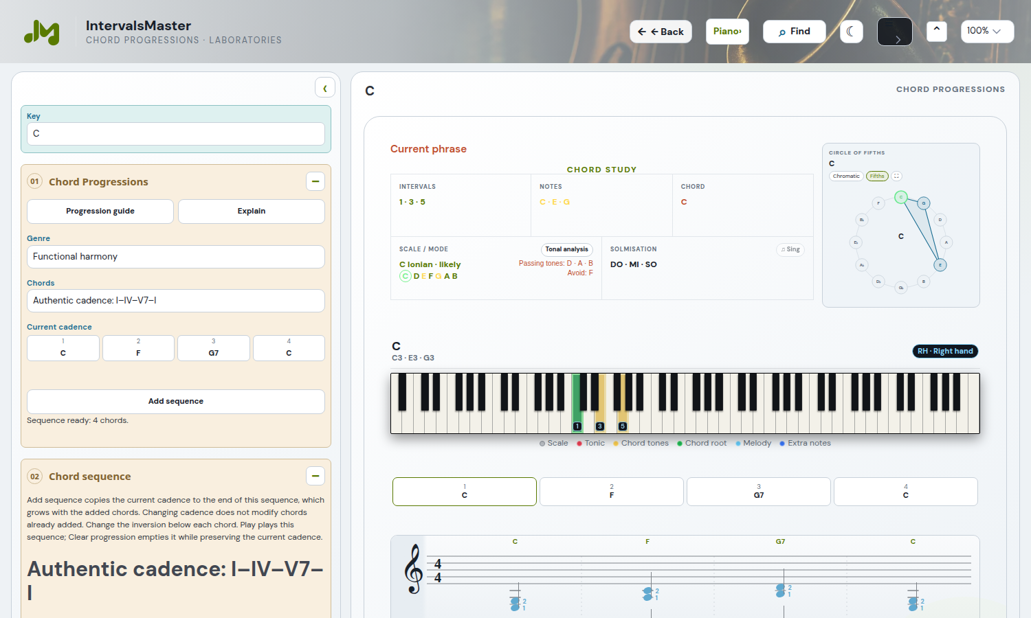 Chord progressions with an editable chart, tonal analysis and avoid notes.