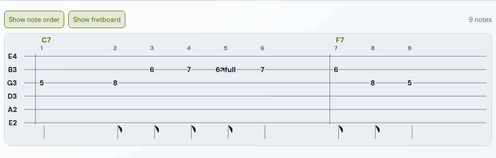 Compact shared panel: note order and TAB with chords. The study PDF includes the same selected view.