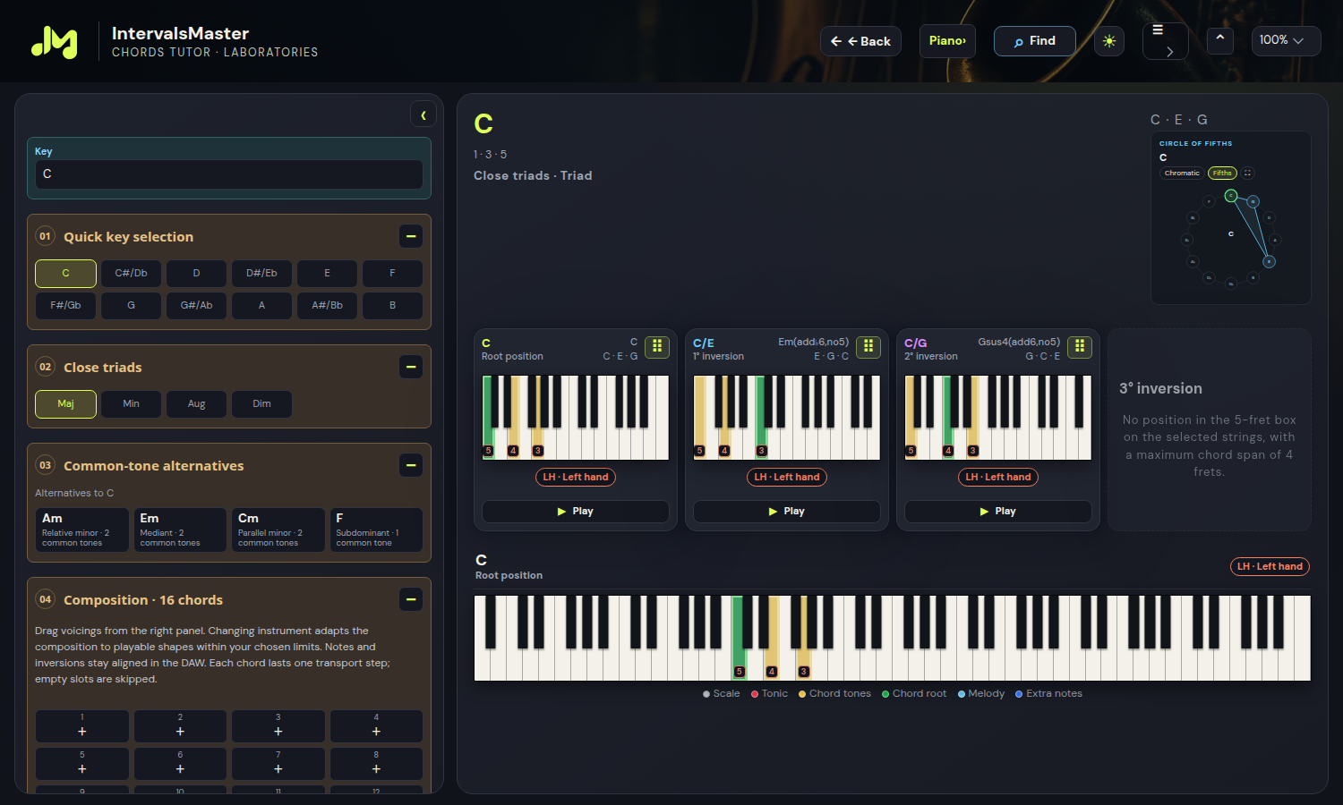 Chords Tutor with shapes and inversions