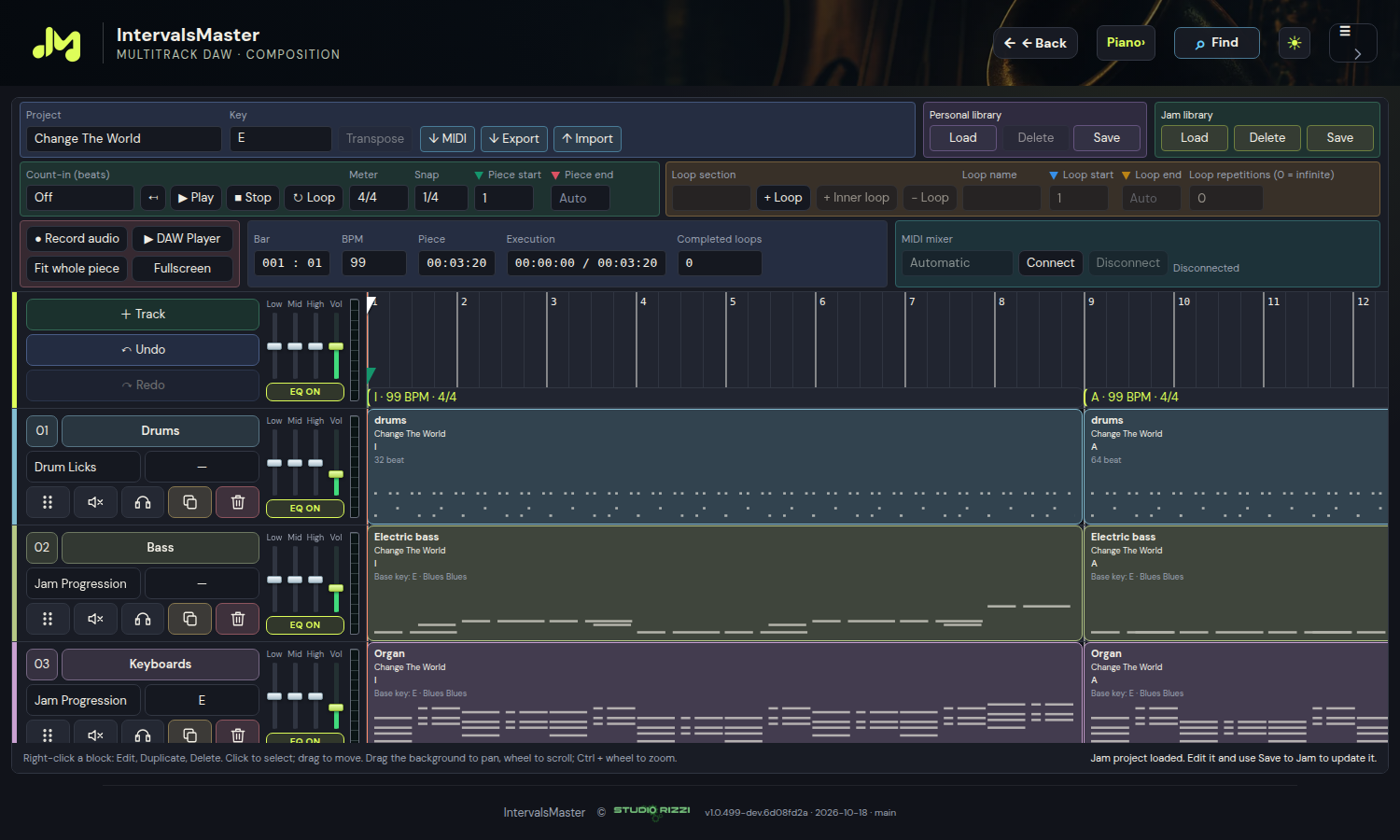 Current DAW with a Jam library project: drum, bass and harmony clips, sections and mixer controls.