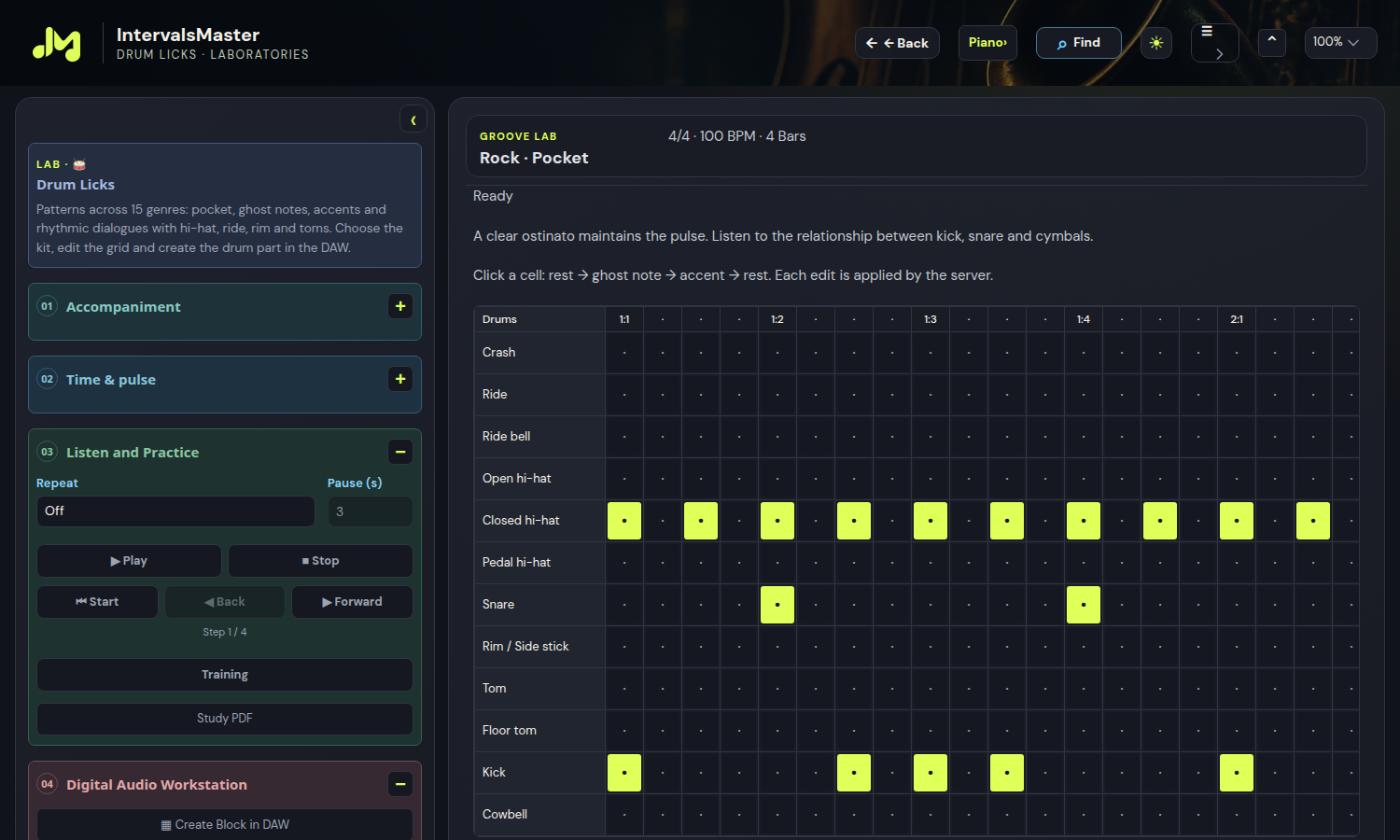 Drum laboratory: genre and pattern selectors with the editable grid.