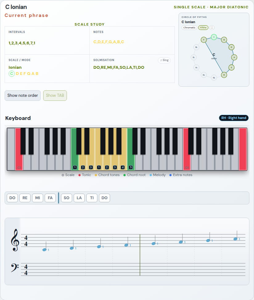 Jazz piano practice with synchronised notes and notation