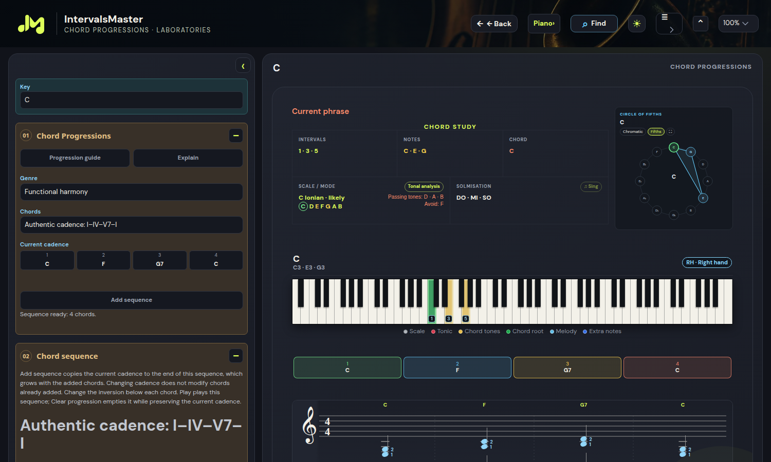Chord progressions with an editable chart, tonal analysis and avoid notes.