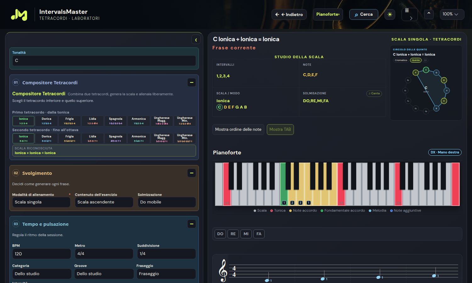 Compositore Tetracordi con esempio di scala ungherese, configuratore e fretboard