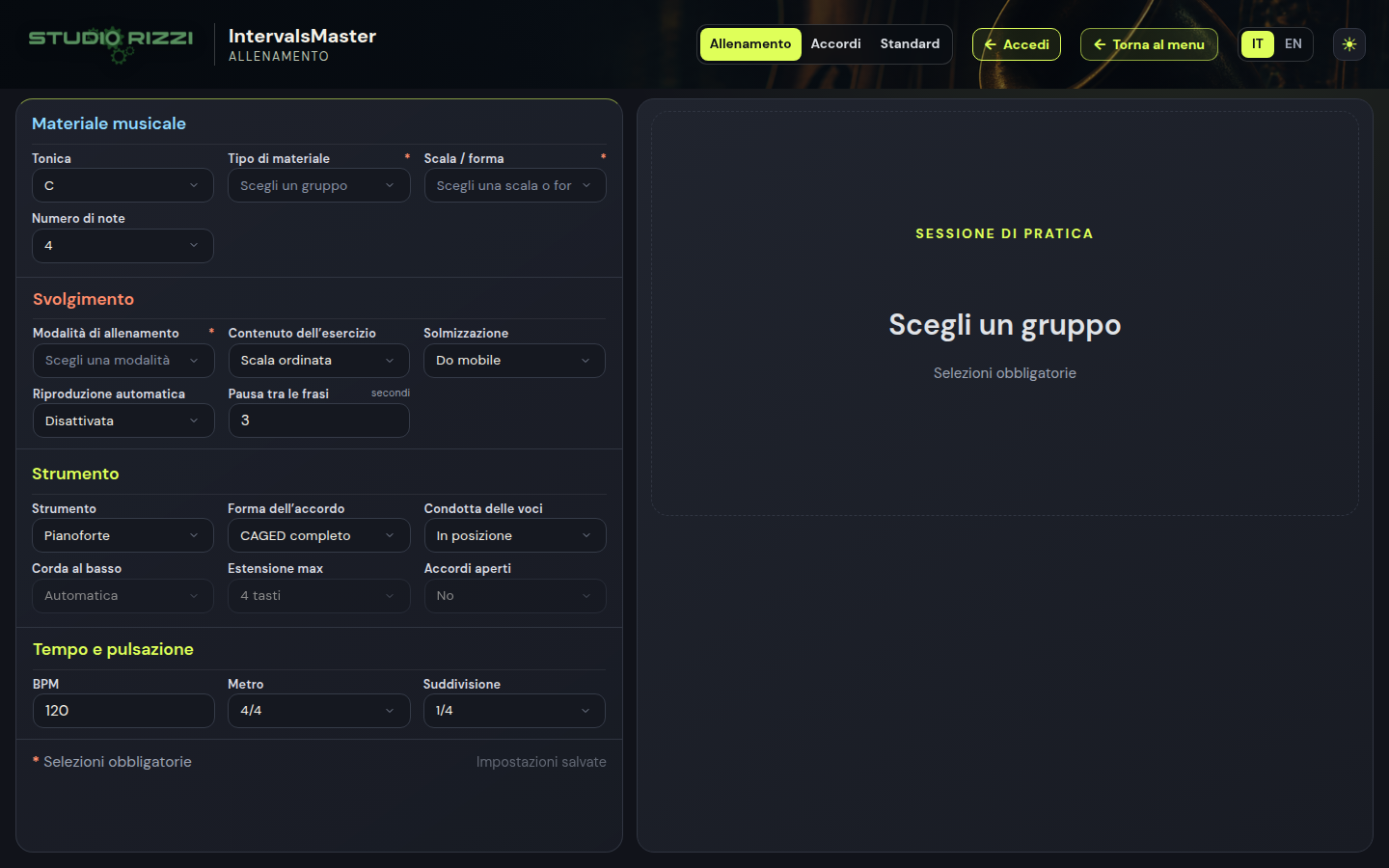 Schermata di configurazione dell’allenamento